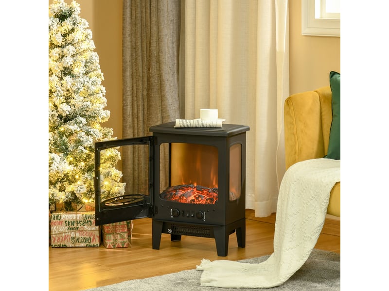  Cheminée électrique poêle style néo-rétro 900-1800 w simulation flammes led luminosité réglable acier abs noir  - Conforama D