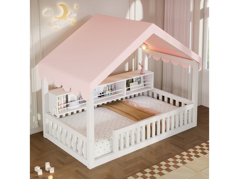  Lit au sol enfant 90x200 cm, lit à baldaquin avec guirlande led, bibliothèque et barrière de sécurité, structure en bois, blanc ABC - Conforama E