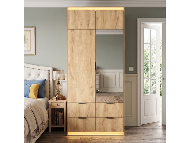  Armoire 2 portes avec miroir et led, 4 tiroirs, 90 x 47 x 200 cm, décor chêne  - Conforama E