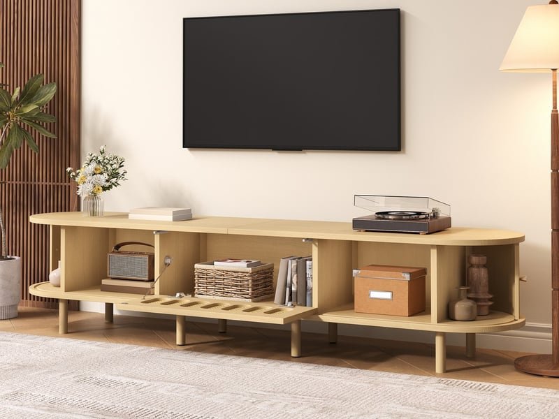  Meuble tv bas 180 cm, finition bois naturel, avec éclairage led  - Conforama B