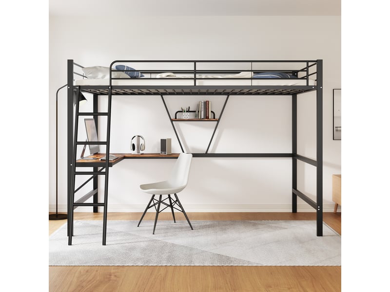 Lit mezzanine avec bureau en l et étagère intégrée, cadre de lit en métal noir robuste, lit mezzanine 90x200 cm pour enfants et adultes. - Conforama E