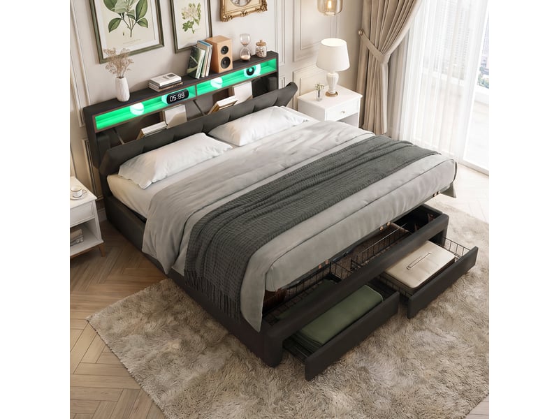 Lit rembourré 160x200 cm avec coffre de rangement hydraulique, tiroirs et compartiments de rangement, revêtement en lin gris, sans matelas - Conforama B