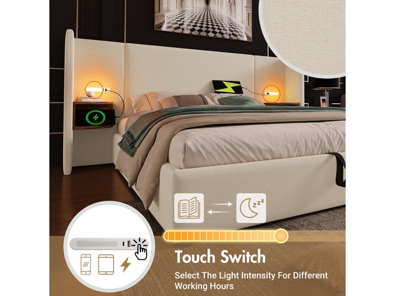 Lit coffre 180x200 cm avec table de chevet, lampe de lecture et usb type-c, sommier inclus, lin, beige, sans matelas - Conforama R
