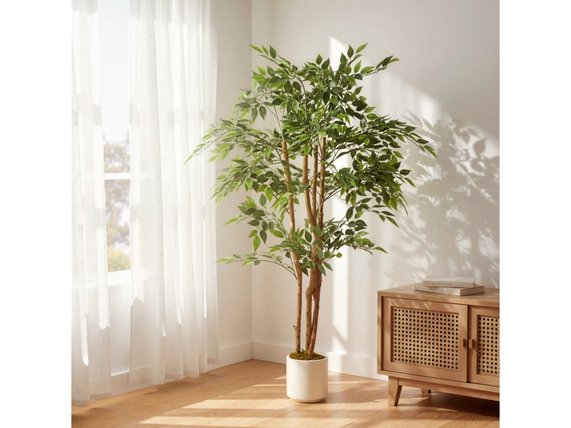  Arbre artificiel de banian en peva et bois avec branches ajustables et pot blanc en pp et ciment  - Conforama C
