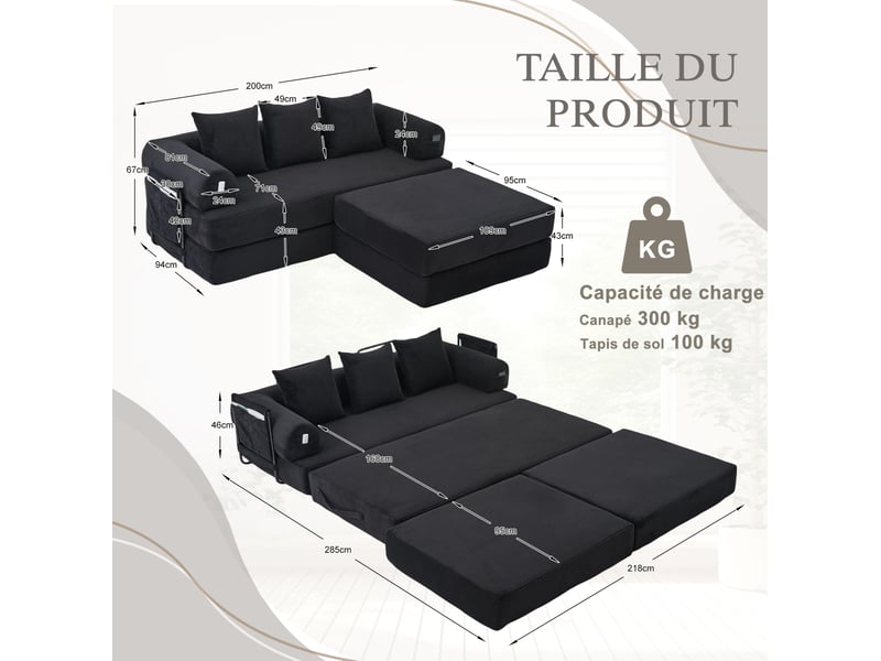  Canapé modulable modenvie 3 places velours côtelé noir avec pouf et 3 coussins 200 x 190 x 67 cm  - Conforama C