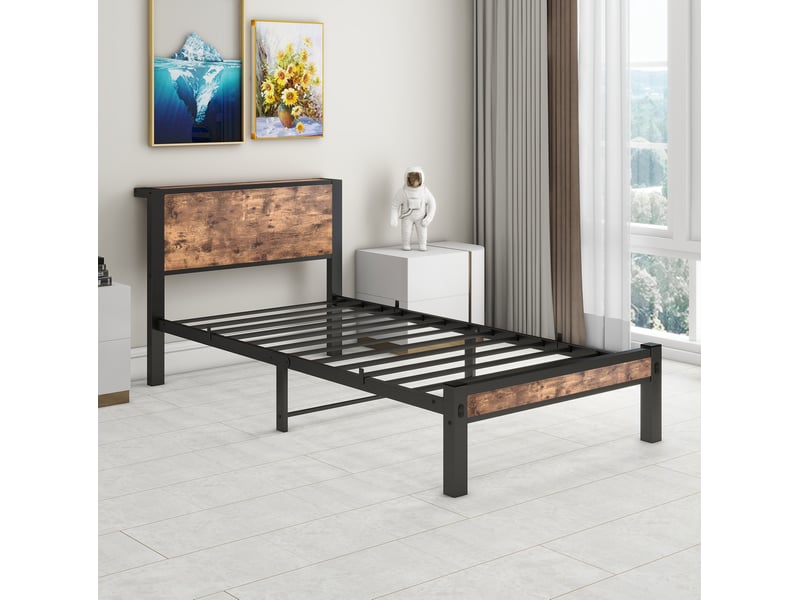  Elvmi lit simple 90x200 cm avec tête de lit de rangement, cadre de lit plateforme en métal et mdf, 13 lattes métalliques, 6 pieds, espace de rangement sous le lit 27 cm, structure stable et silencieuse, style industriel brun ant…  - Conforama D