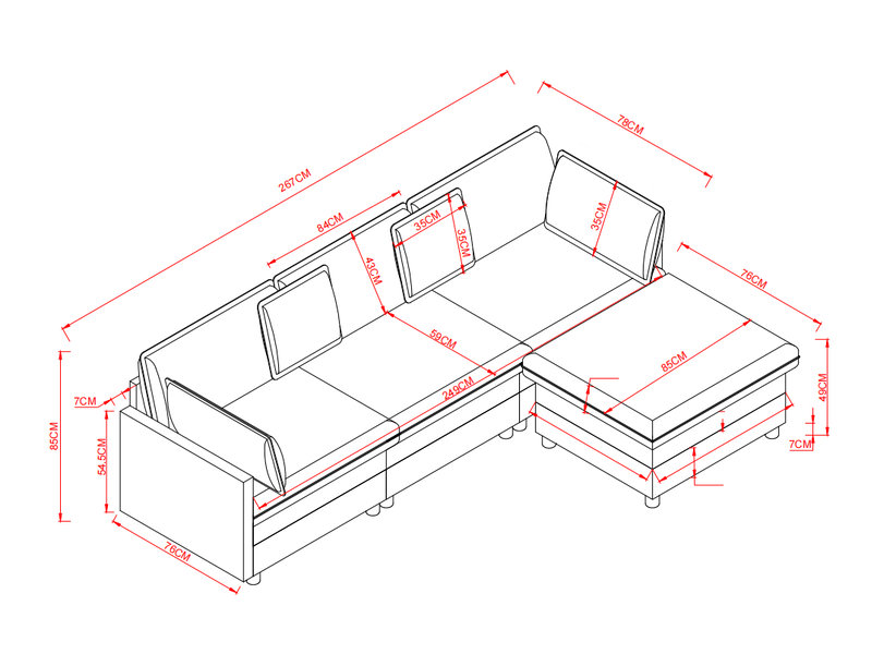  Canapé d'angle fixe 3 places en tissu noir avec chaise longue et pouf modulable, idéal pour le salon familial  - Conforama C