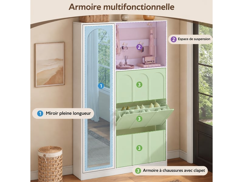  Meuble d’entrée blanc avec miroir, 3 abattants, mdf, 100 x 24 x 164 cm  - Conforama D