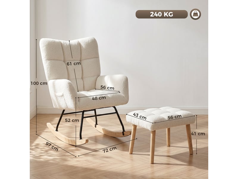  Fauteuil à bascule sherpa avec repose-pieds, poches latérales, assise épaisse et matelassage, couleur crème  - Conforama E