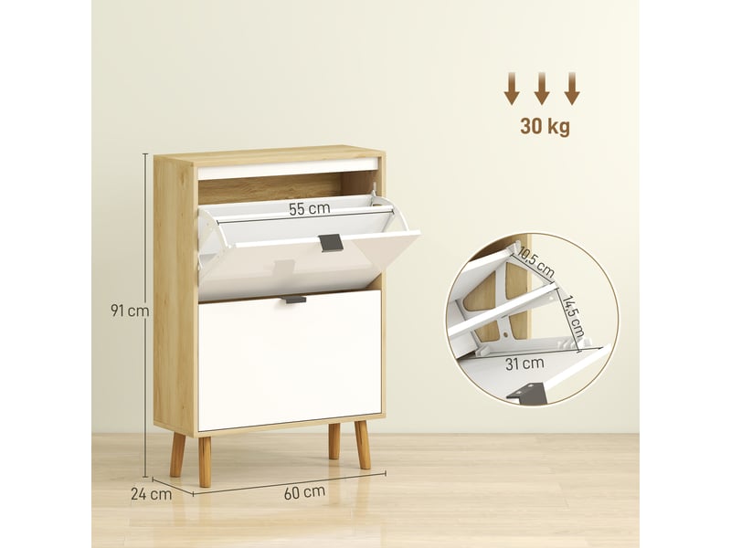  Meuble à chaussures, armoire à chaussures étroite, 2 tiroirs rabattables, portes haute brillante, 60x24x91cm, blanc  - Conforama C