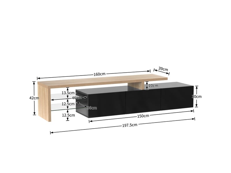  Meuble tv 197,5 cm avec 3 rangements, tablettes en verre et led 7 couleurs via application, mdf, noir et effet bois naturel Fay Lum - Conforama C
