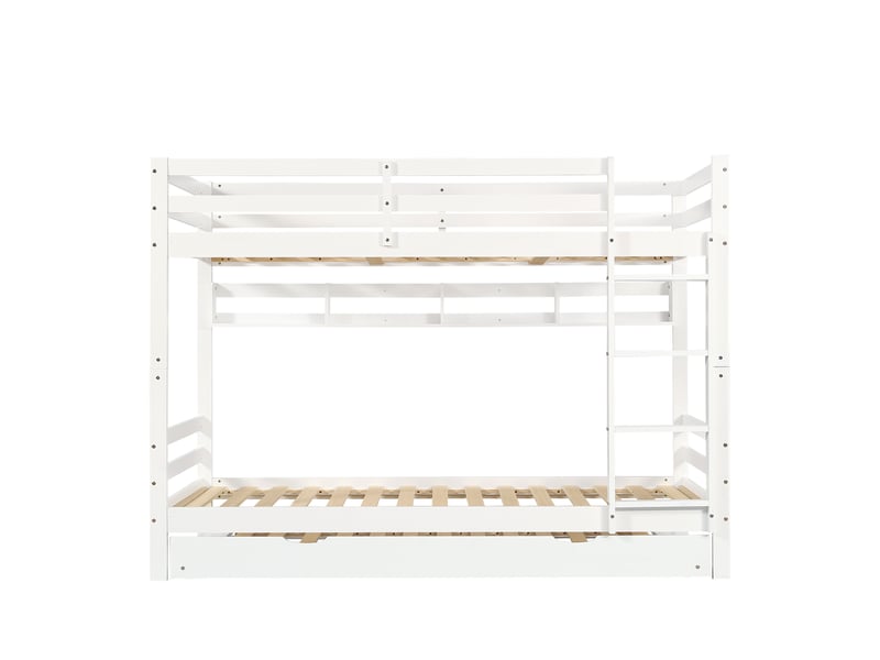 Lit superposé enfant avec lit gigogne, pinmdf blanc, 90x200cm, étagères de 2 m, échelle et sommier robuste - Conforama A