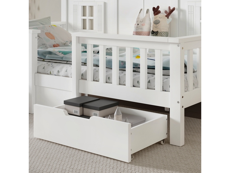  Lit enfant 90x200 cm avec rangements, lit simple avec sommier à lattes en bois massif et mdf blanc  - Conforama C