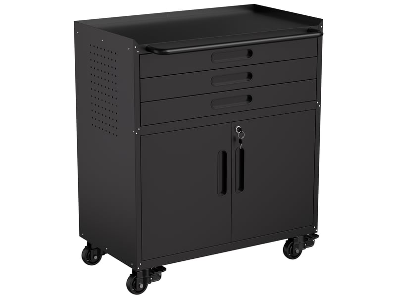 Armoire à outils mobile 75 x 42 x 87,3 cm en métal noir, 3 tiroirs et portes verrouillables pour garage et atelier  - Conforama C