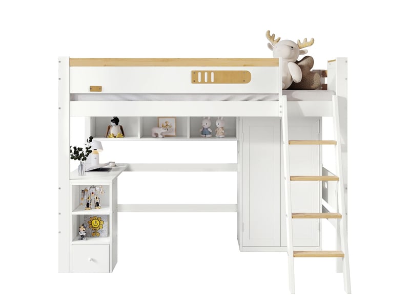  Lit mezzanine enfant 90x200cm avec bureau et armoire - lit enfant - blanc et bois, pin massif, étagères ouvertes  - Conforama E
