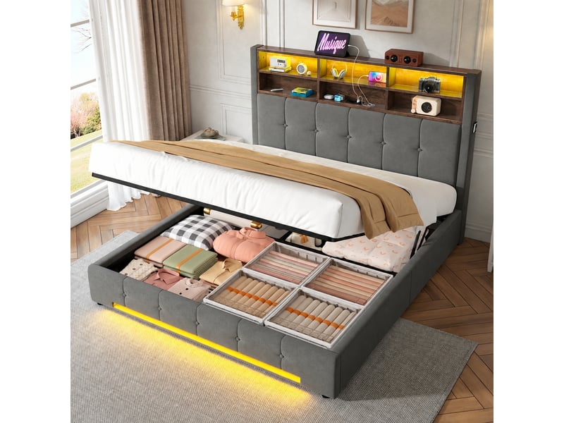  Lit coffre avec rangement,tête de lit 6 compartiments, led et usb-c, gris foncé, 160 x 200 cm  - Conforama D
