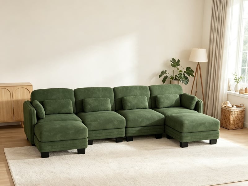 Canapé d’angle 4 places en u, assise large et profonde, design ergonomique, 2 poufs, montage facile, 330 × 143 × 88 cm, vert - Conforama B