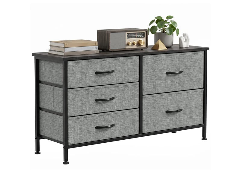  Commode en tissu à 5 tiroirs, commode de chambre, structure en acier, commode pour salon ou bureau, gris foncé et noir  - Conforama A
