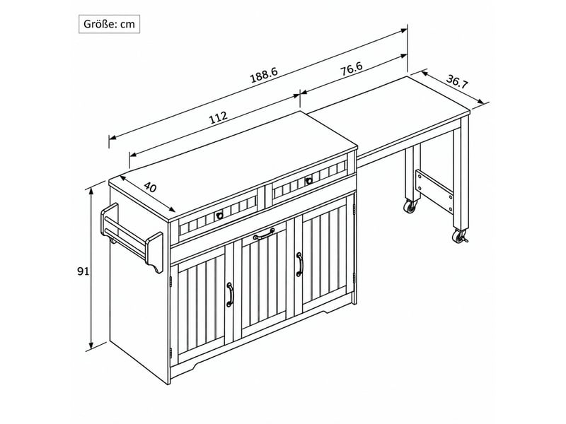 Desserte de cuisine à roulettes avec 2 tiroirs, compartiment poubelle et table coulissante, 188,6 × 40 × 91 cm - Conforama E