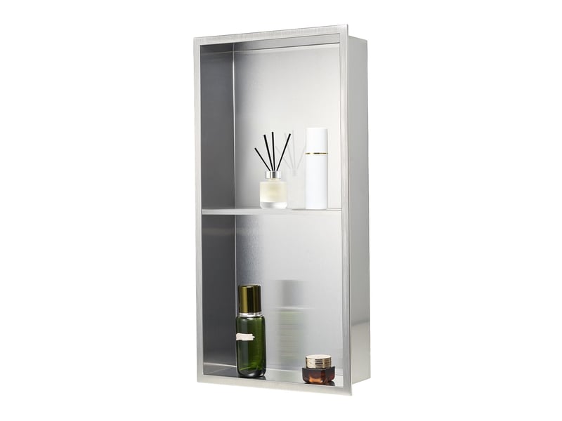Niche de douche, 33x63.5x10.2 cm niche murale encastrée à double couche, organisateur de shampoing en acier inoxydable pour salle de bain.