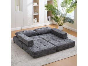 Fauteuil convertible avec matelas pliable et coussin - 1 place - structure métal et mdf - revêtement chenille - gris