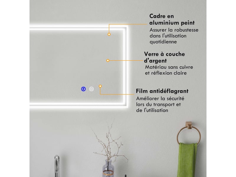  Miroir de salle de bain rectangulaire mural lumineux led ou horizontal vertical, 100 x 60 cm  - Conforama W