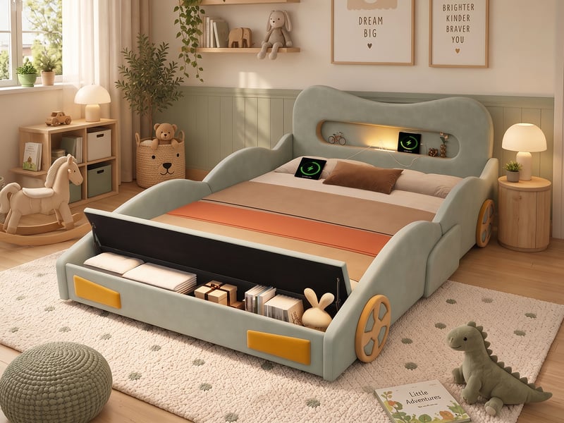  Lit voiture 140 × 200 cm, liseuse, prise de charge et coffre de rangement au pied, revêtement doux en velours, vert  - Conforama B