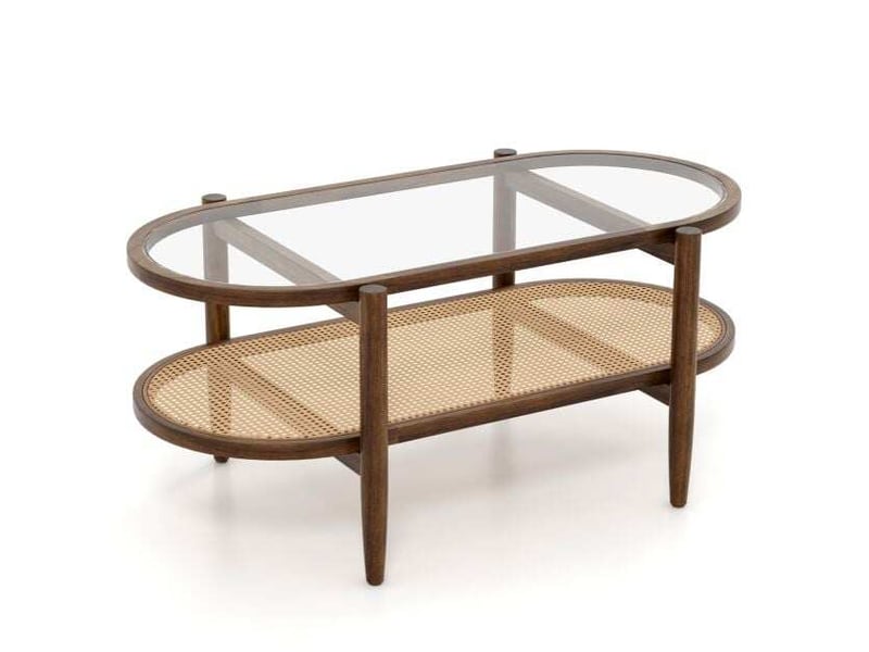  Rangement spacieux table basse 2 niveaux plateau verre trempé et étagère rotin pe cadre acacia 102x56x47 cm pour salon  - Conforama A