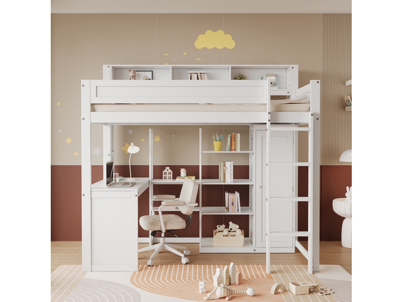  Lit superposé enfant blanc 90 x 200 cm avec bureau, armoire et rangements  - Conforama D