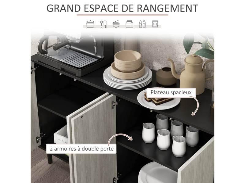  Buffet de cuisine meuble de rangement 2 placards avec étagères réglables, noir et aspect bois gris, 121 x 37 x 75 cm  - Conforama A