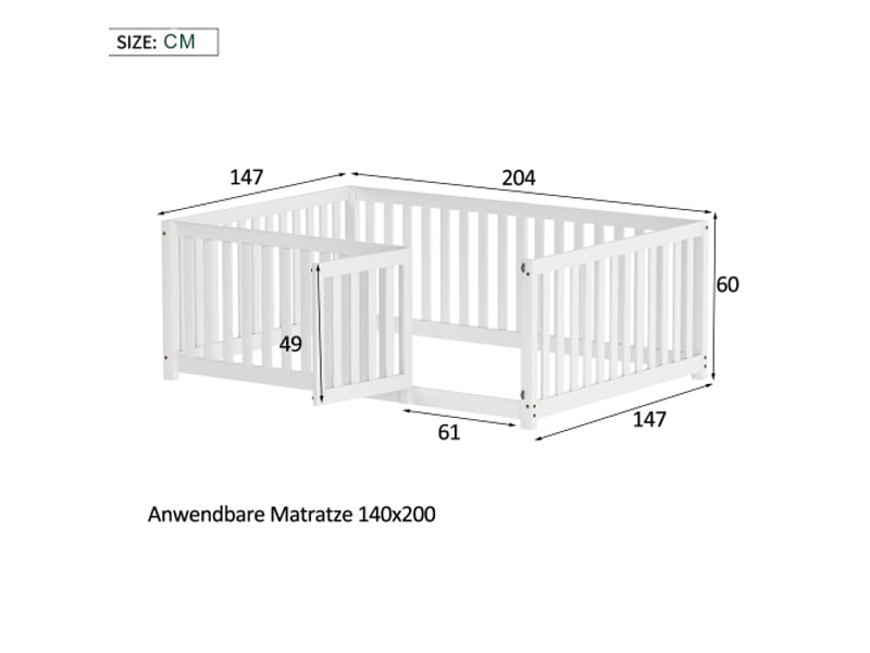  Lit au sol pour enfants en bois massif 140x200cm avec clôture et porte,blanc lit enfant blanc - Conforama C