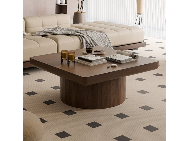 Elvmi table basse carrée pour salon plateau épais avec motif parquet en placage bois base cylindrique avec incrustation verticale aspect noyer design moderne structure robuste assemblage facile 78 cm - Conforama D