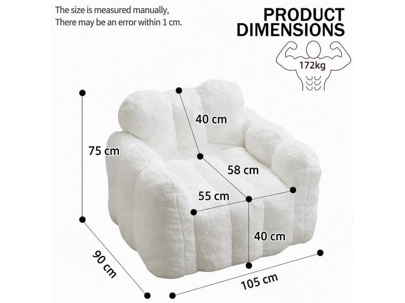  Fauteuil pouf love pour adulte en velours peluche blanc, 105 x 90 x 75 cm  - Conforama C