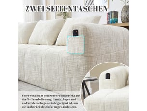 Canapé d'angle, canapé 3 places – en chenille, avec méridienne, sans montage, beige, poches latérales, avec accoudoirs