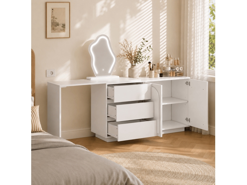  Coiffeuse blanche 140x40x75 cm avec miroir led, plateau extensible et 3 tiroirs  - Conforama D