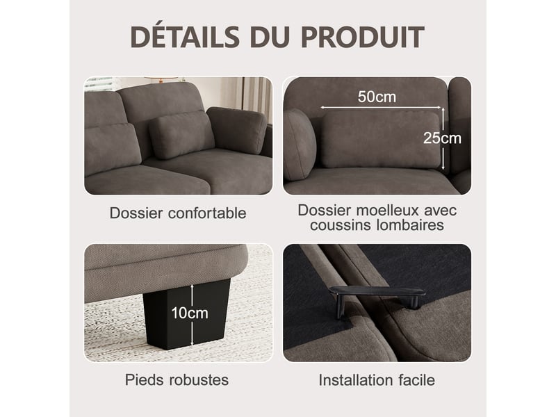  Canapé droit modulable 3 places 253x88x88 cm, coussins lombaires et accoudoirs, chenille, marron pour salon design  - Conforama E