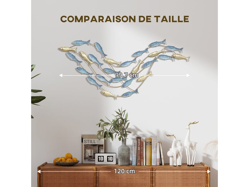  Décoration murale en métal moderne, sculpture murale en métal avec motif de poisson unique, bleu clair, 100 x 50 cm  - Conforama W