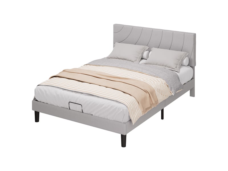  Cadre de lit 140x200 cm rembourré avec sommier à lattes, lit double, pieds antidérapants, tête de lit réglable, gris  - Conforama A