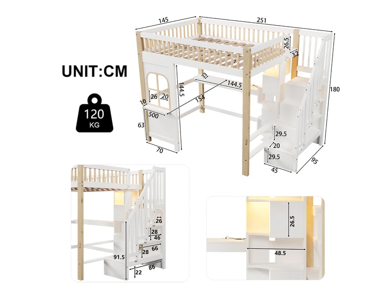  Lit mezzanine blanc et naturel 140x200 cm, led, bureau, prise et escalier-rangement  - Conforama C