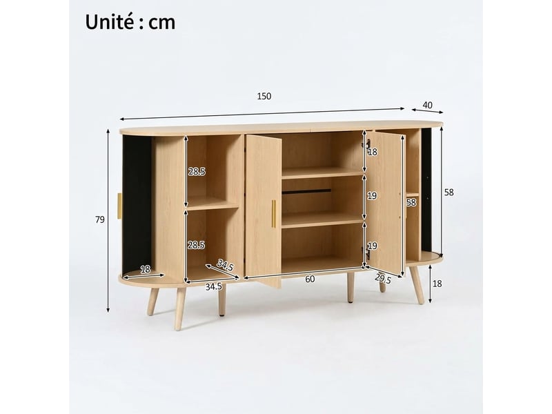  Buffet salle à manger 150 cm avec portes coulissantes, meuble en mdf naturel  - Conforama C