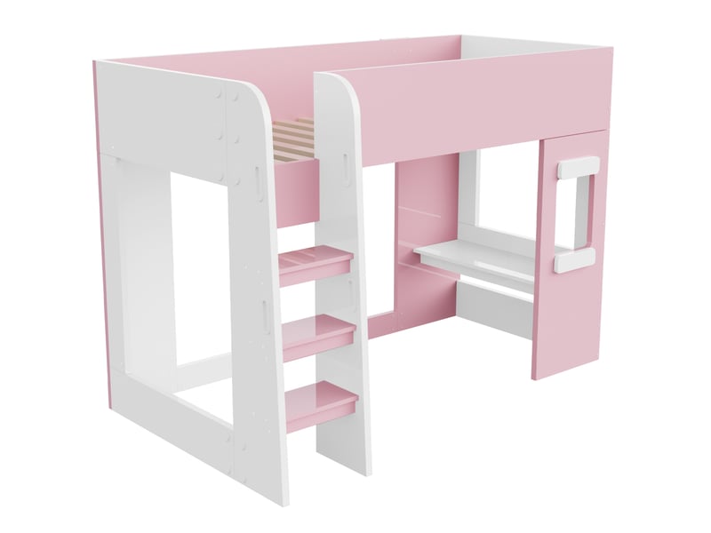  Lit mezzanine 90 × 200 cm 1 place avec bureau, éclairage led et échelle sécurisée, sans matelas, rose  - Conforama E