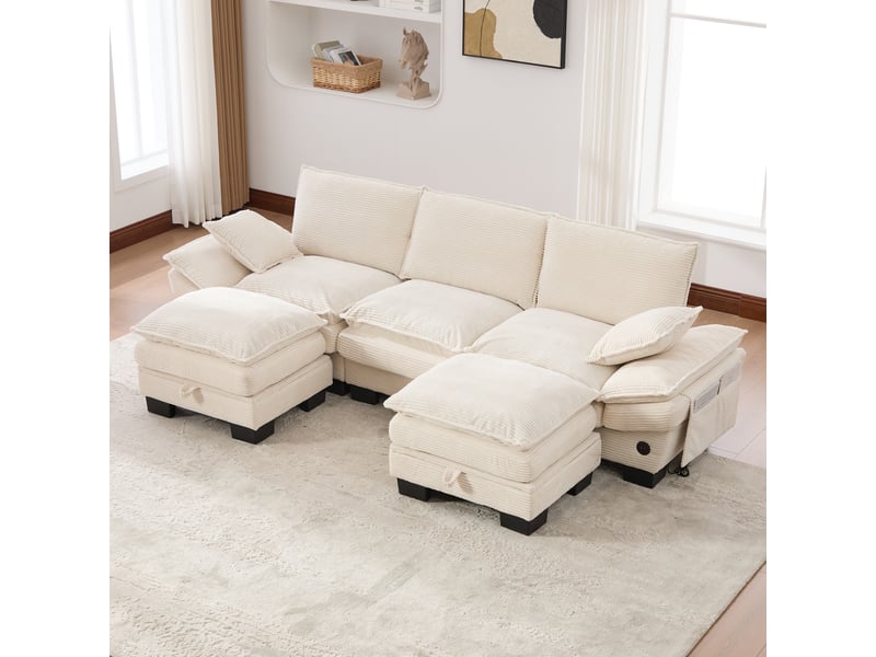Canapé modulable, canapé 3 places – poches latérales, en velours tricoté, mousse haute densité, beige, port usb - Conforama R