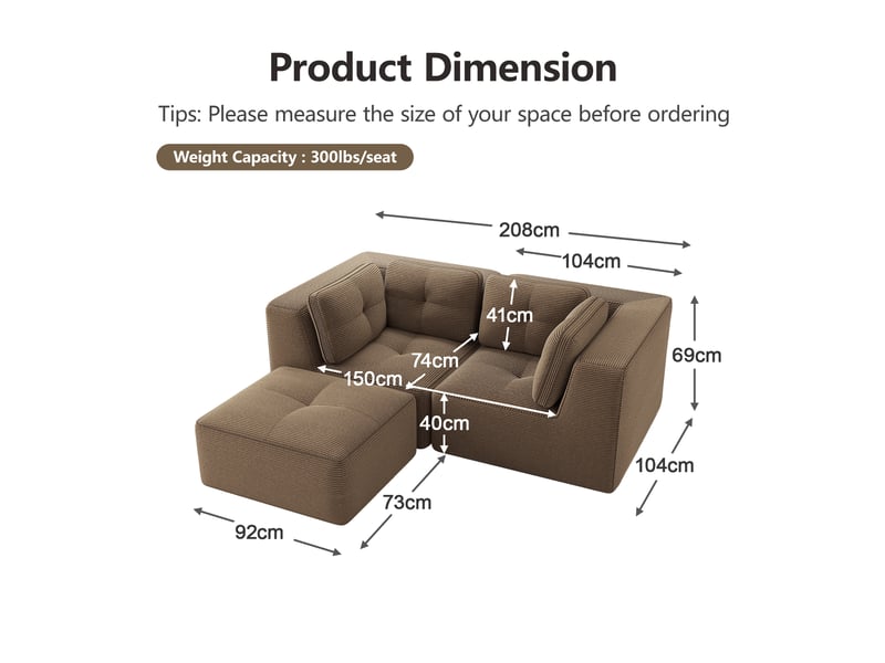  Canapé d'angle modulaire 2 places avec larges accoudoirs et assise basse, en velours côtelé marron  - Conforama E