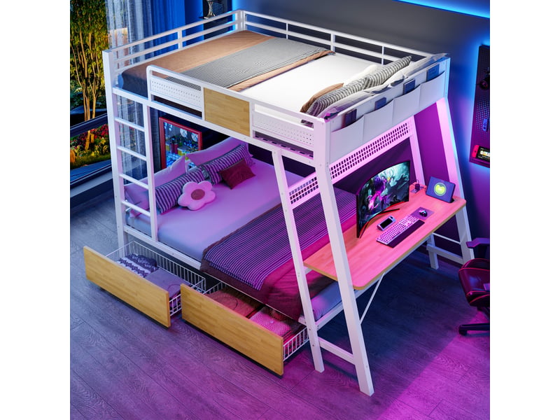  Lit superposé 140×200 cm – avec prise électrique – ports usb et type-c inclus – bandeau led inclus – blanc (matelas non inclus)  - Conforama D