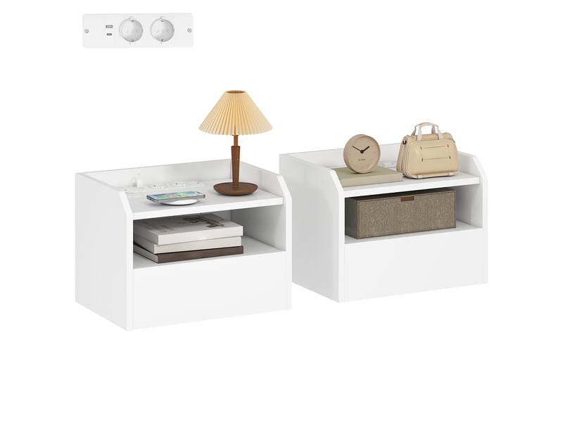  Ensemble de 2 tables de chevet suspendues avec station de charge, tiroir et étagère ouverte, 40 x 29 x 29 cm, blanches  - Conforama A