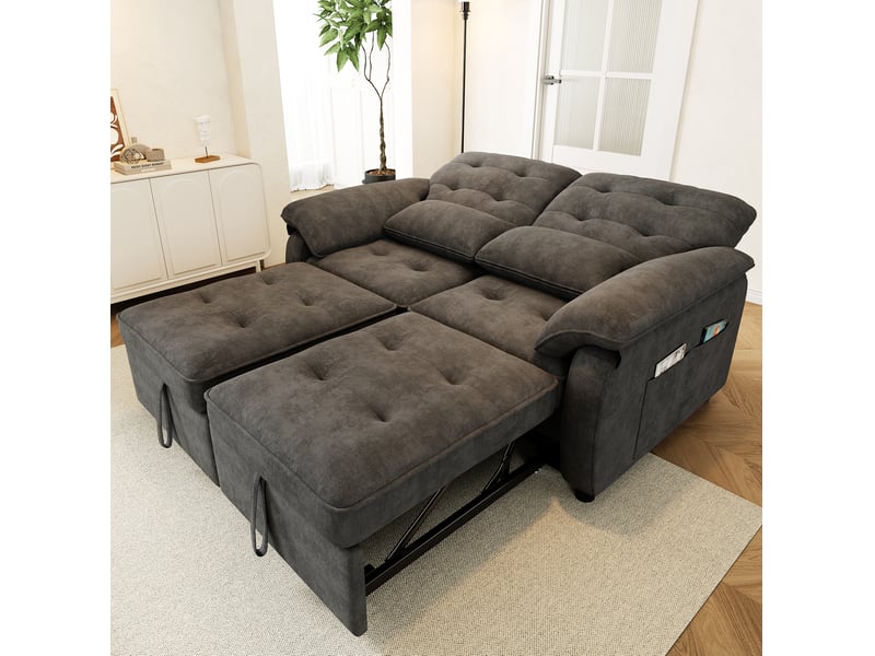  Canapé-lit tcqpz 3-en-1 2 places 142 x 90 x 86,5 cm convertible avec dossier réglable et port usb gris en chenille  - Conforama E