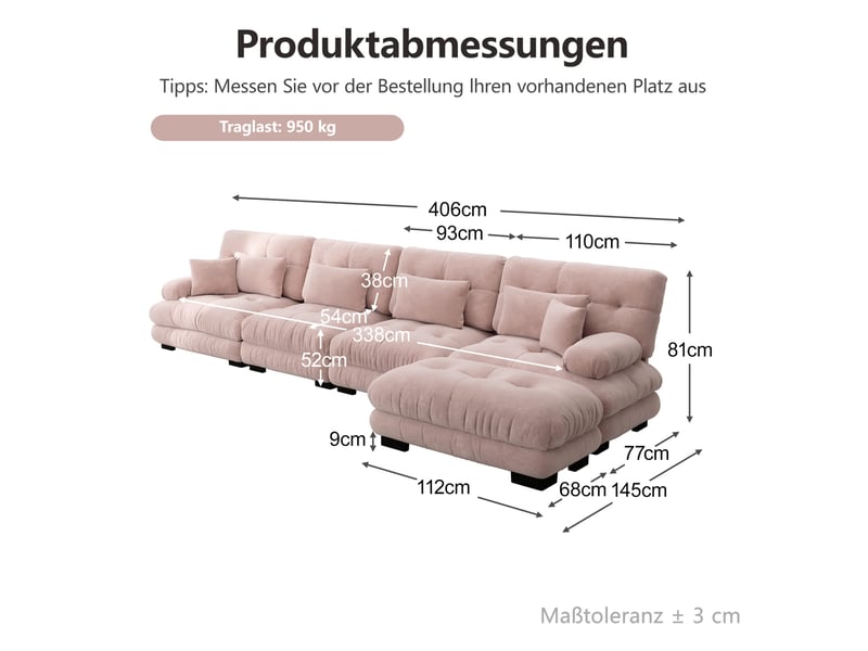  Canapé modulaire modenvie 4 places en chenille rose 406 x 145 x 81 cm avec ottomans mobiles  - Conforama C