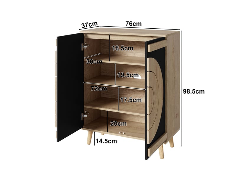  Meuble à chaussures 76x37x98,5 cm, portes géométriques rondes, rangement à plusieurs niveaux, mdf noir et naturel  - Conforama C