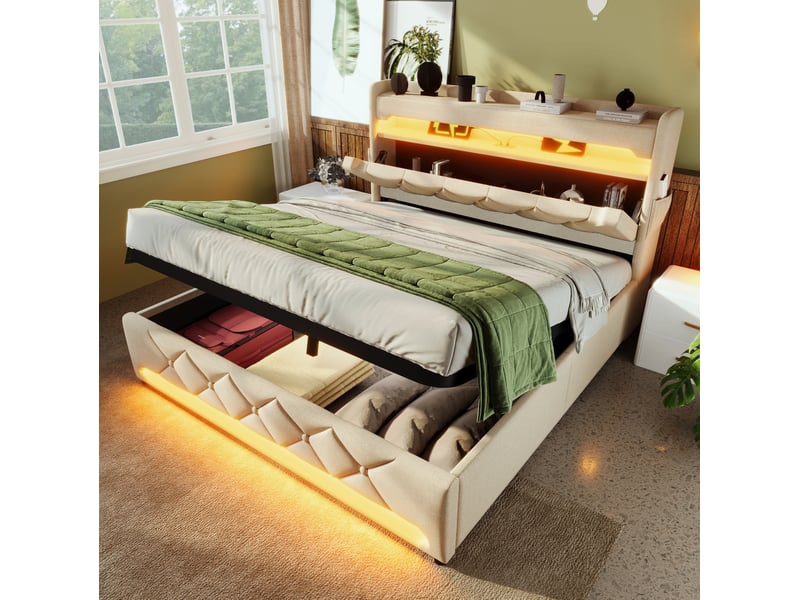  Lit coffre 160 × 200 cm 2 places avec led, usb, type-c, rangements, matelas inclus, beige en lin  - Conforama C