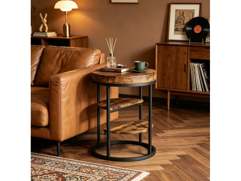  Table d'appoint ronde 50 x 50 x 65 cm à 3 niveaux en métal et bois marron rustique chicfurn  - Conforama E